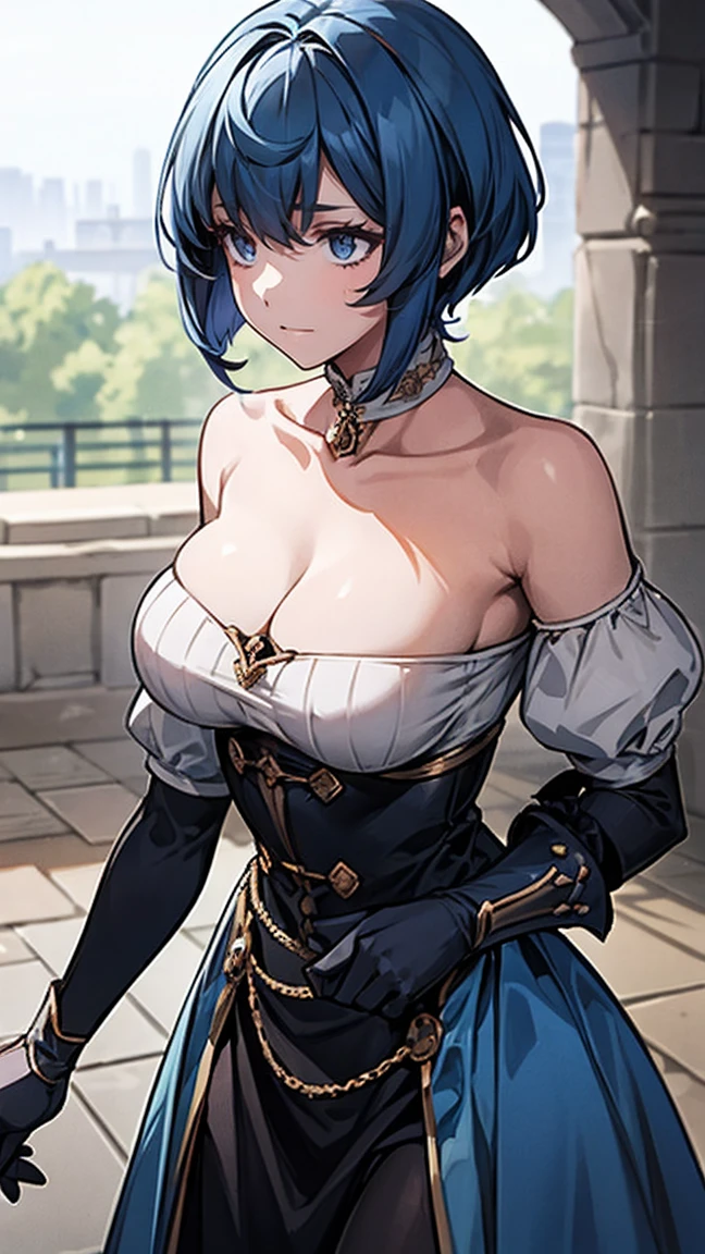 A young woman with short hair, inspired by characters from "The Misfit of Demon King Academy". She has a strong and confident demeanor, with a hint of elegance. Her hair is steel-colored, cut in a stylish bob that frames her face perfectly. She has sharp, intelligent eyes that are a deep shade of blue, reflecting her keen mind and determination. She wears a modern, yet slightly medieval-inspired outfit