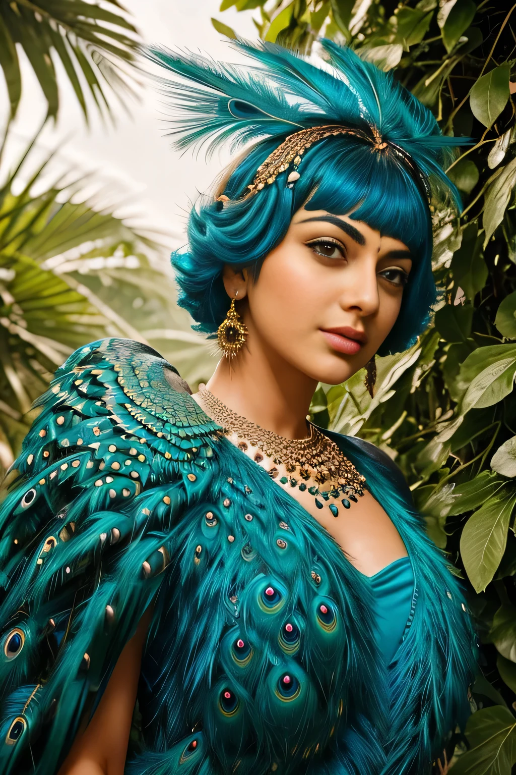 Hansika Motwani is a peafowl, she is real peafowl Bird. Mutant peafowl. peafowl transformation. peafowl body with  female head. She is a bird. Real bird. Head with bird body. Create this beautiful creature.