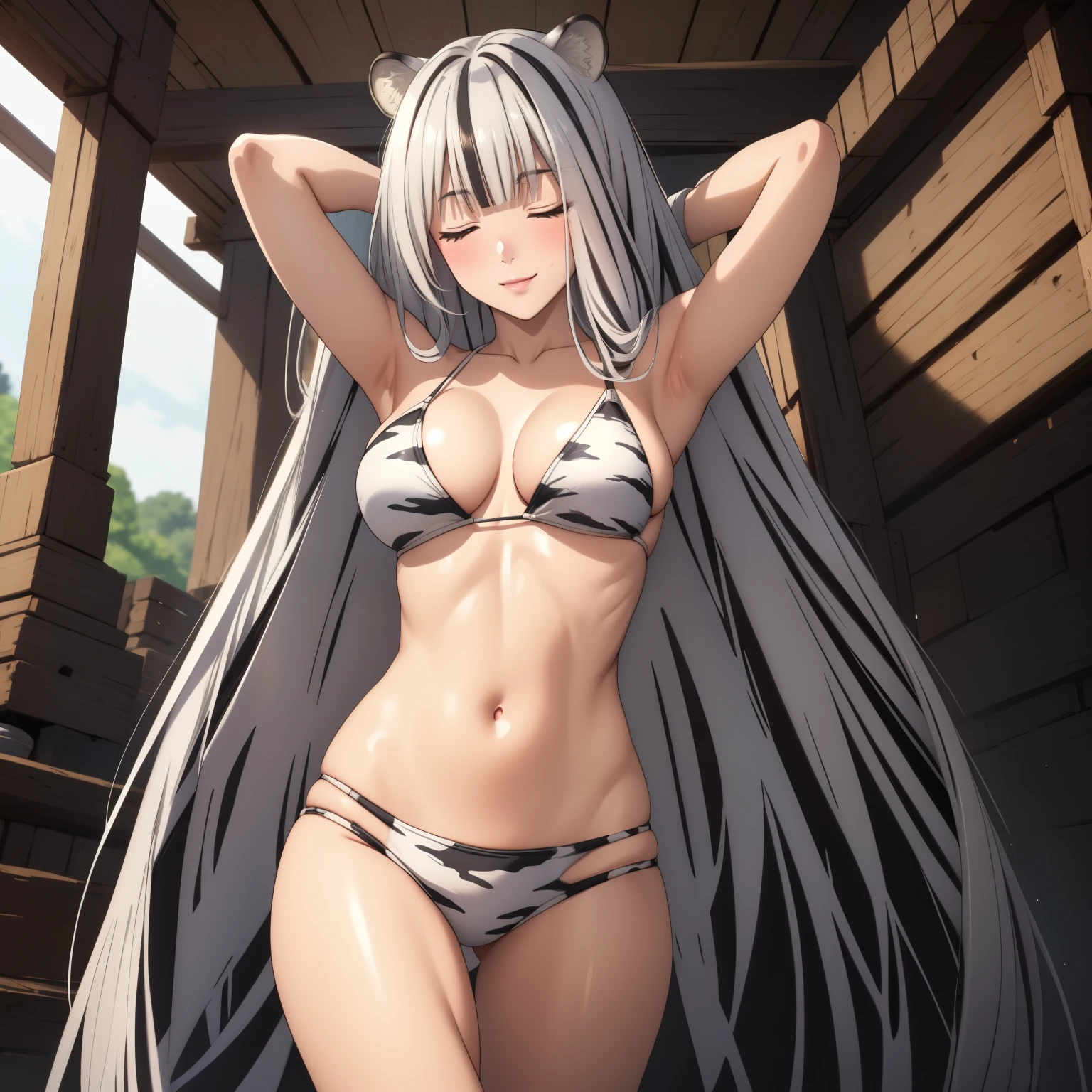 Atlas Fayon woman 40 years, white hair with black stripes ,white tiger ears, closed eyes, blind woman with closed eyes, detailed green bikini, flirtatious smile ,   stop, standing, hands behind head. pechos enormes. 