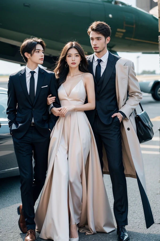 Realistic, Long shot, 4k, high detailed, high quality, Potrait of one man(24 years old) in a suit(in the middle) and 2 girls with luxury dress, standing, perfectly proportioned, intimate, Lovers, close to each other, perfect anatomy, perfect background, perfect face, perfect body, detailed face, look at camera, in front of private jet, outdoor