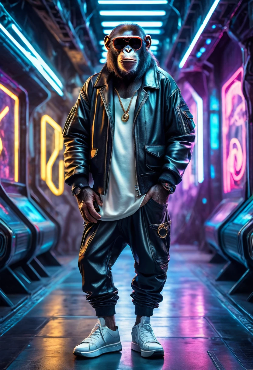 a highly detailed and realistic photographic portrait of a fashionable ape wearing a casual outfit, sunglasses and sneakers, standing in a futuristic cyberpunk-style background, full figure, masterpiece, best quality, high detail, photorealistic, hr