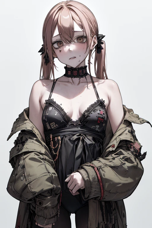 (masterpiece:1.2, Highest quality), (Actual Photos, Intricate details), (1 female, alone, Upper Body, Small breasts) ,whole body,Clothes:underwear:Shave your head、Twin tails、boldな髪色にしたり、whole body傷だらけ、Dramatic makeup,Unconventional fashion choice behavior:traitor、Disobedient、Create mixed media art、experiment with different subcultural values:Personality、Genuine、Creative Expression of Inspiration:Punk Rock Music、A symbol of counter culture,Characteristics of the avant-garde art movement:bold、bold、Think outside the box、White background