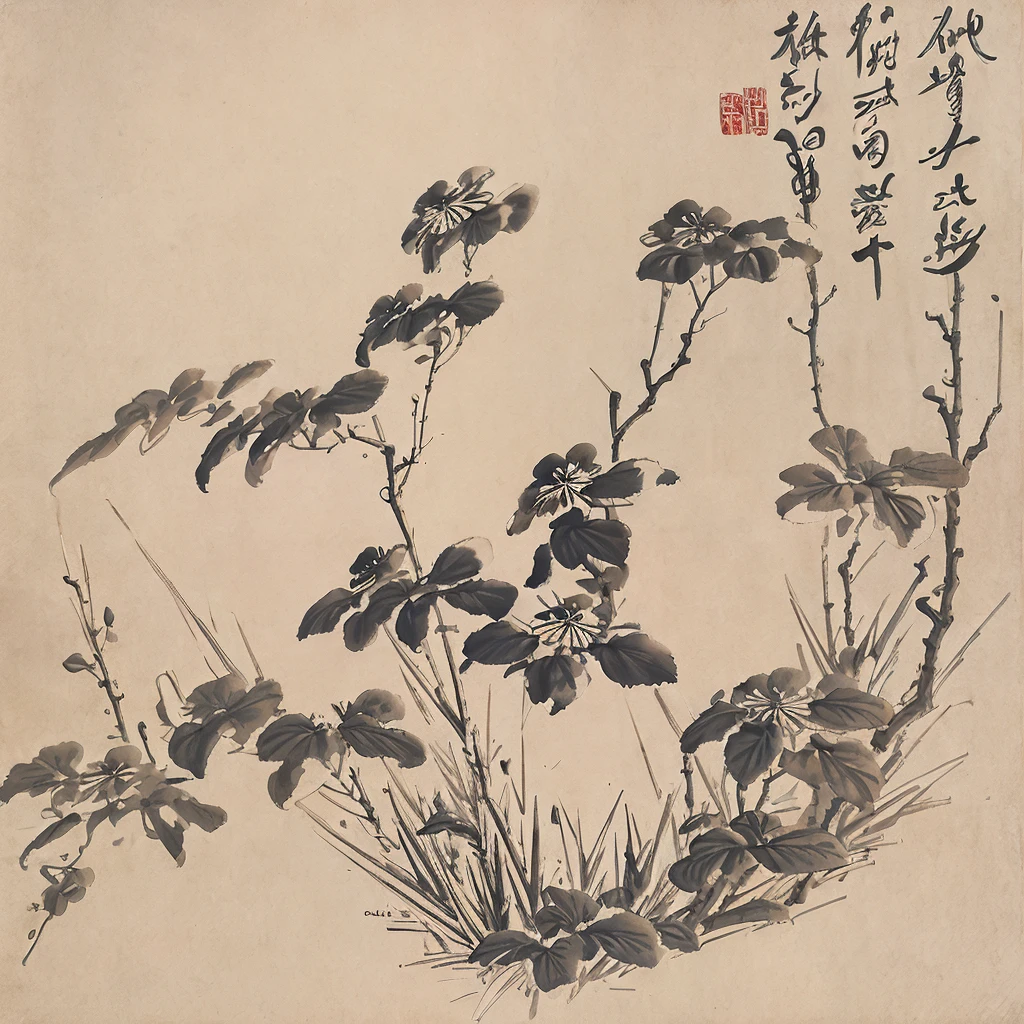 Ink Painting、flower、forest、dawn、Edo、Japan