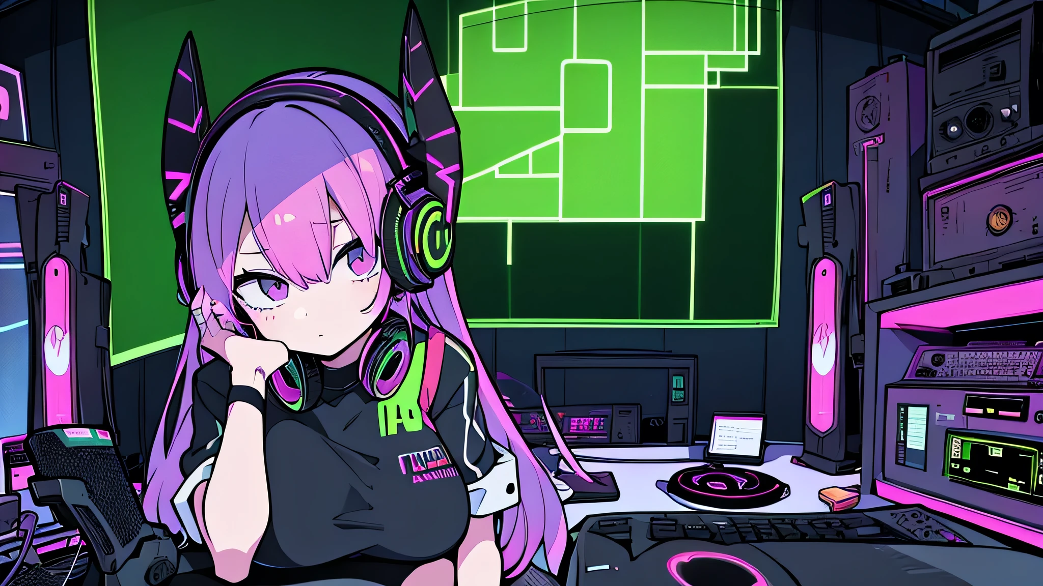 Best quality, (masterpiece), best detail face,1 girl, big breasts, 18 yo, 8k,absurdres,unity 8k wall paper,(extremely detailed:1.3), highest realistic, (retro headphones:), (soft neon light:), (psychedelic), Her room full of music equipment and plants, sexy sports wear , See the whole room, She is leaving the room, dark yellow color palette