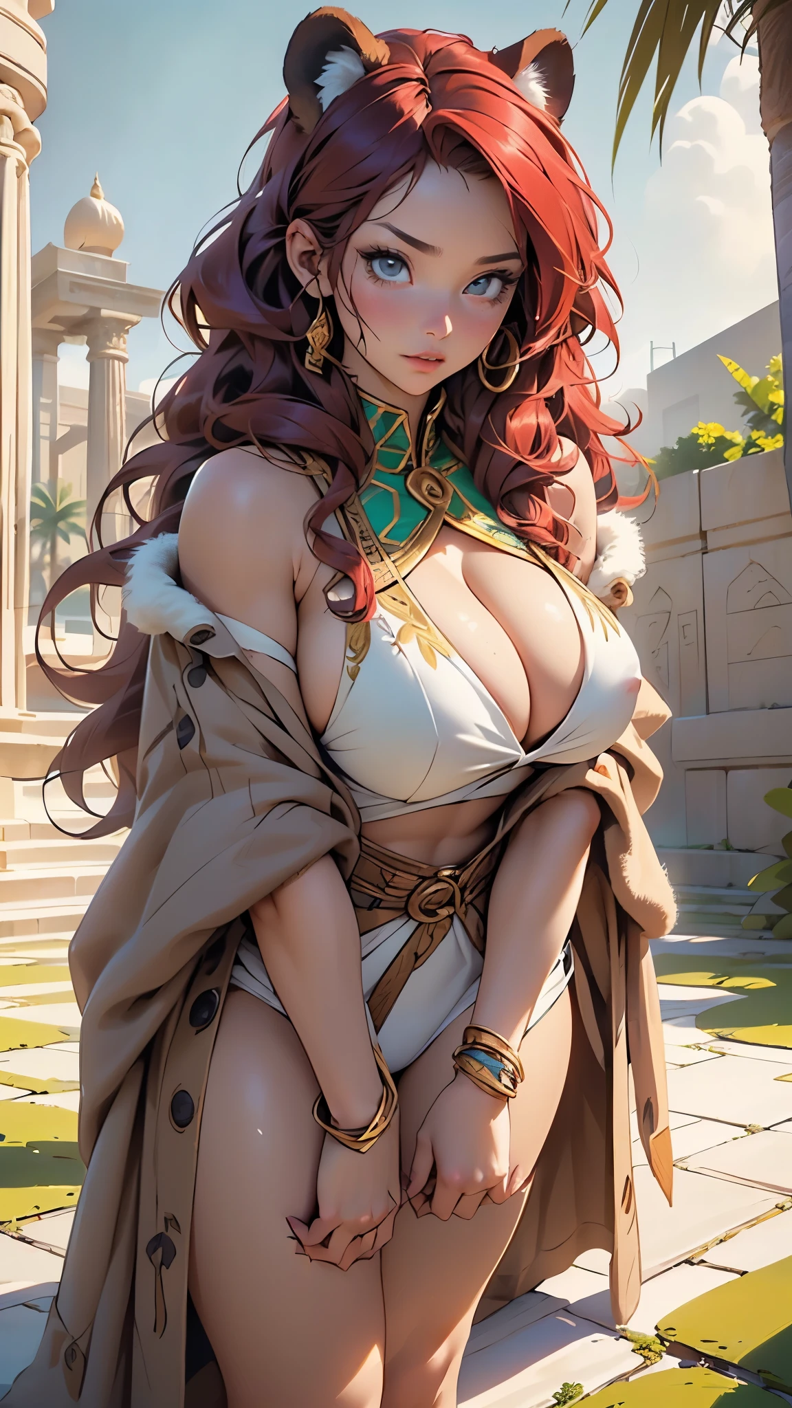 panther girl,(((panther woman,anthro furry cute,panther female warrior,panther-girl))),
(((panther ears,panther ears on head,big panther ears))),(large breasts:1.4,),(((absurdly long unkept hair,red hair,very long red hair,voluminous hair,Thick hair,Dense hair,colored inner hair))),(((yellow_green:1.3))),intricate eyes,beautiful detailed eyes,symmetrical eyes,(((lustrous skin:1.5,tanned skin,bright skin: 1.5,skin tanned,shiny skin,very shiny skin,shiny body))),spider lower abdomen,narrow waist,wide hip,athletic body,inflated legs,thick thighs),(((muscle legs,muscular thighs,muscular girl,strong and muscular,bodybuilder,strong body,muscular,feminine and muscular,ABS))),(huge stature,tall stature,very tall girl),(delicate detailed fingers),(((detailed face))),beautiful detailed lips,
cute,slutty,sensual,seductive look,(((nsfw))),
(((huge cleavage))),revealing clothes,show skin,((underboob)),(barefoot),(((brown fur coat,gray fur coat outfit,wearing a brown fur coat:1.3,brown winter coat))),(((furry edge clothing))),(wearing a barbarian outfit:1.3,barbarian clothes),((furry fur on his shoulders)),tribal,((loincloth,intricate outfit,embroidered outfit,ornate outfit)),
dynamic pose,looking at viewer,angry,centered,scale to fit dimensions,Rule of thirds,
outdoors,(oasis,oasis background),extremely scenery,clouds,Egyptian style,lily pads,palms,reeds,(sunset, golden hour),scenery:1.25,((intricate scenery)),((pillars background,underground palace,egyptian palace background,pyramids in the background))
(Glossy egyptian ornaments),highres,sharp focus,(ultra detailed,extremely detailed),(photorealistic artwork:1.37),(extremely detailed CG unity 8k wallpaper),(((vibrant colors,vibrant theme))),(intricate),(masterpiece),(best quality),artistic photography,(photography taken by sldr),(intricate background),perfect rendered face,perfect face details,realistic face,photo realistic,((intricate detail)),(((realism))),