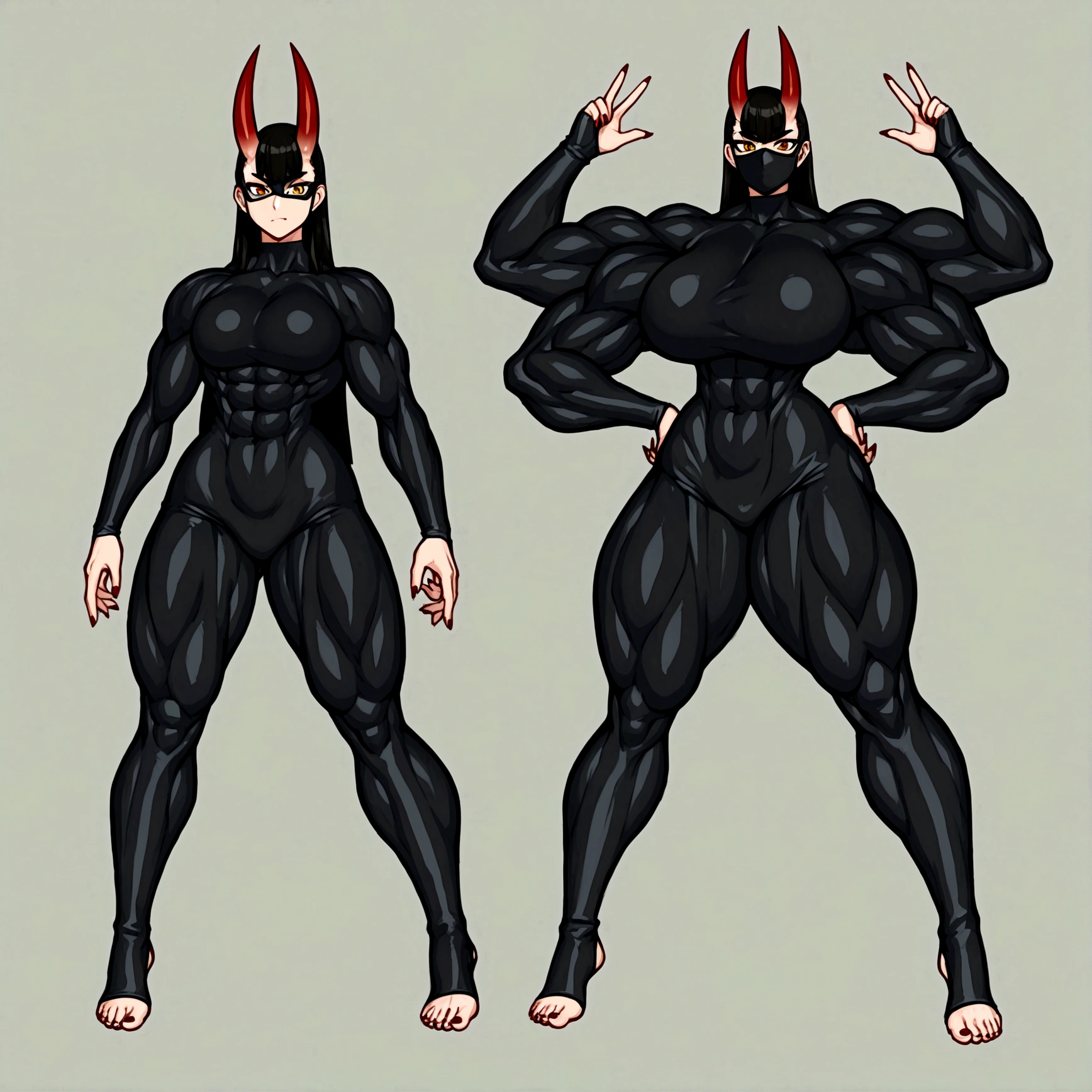 Ninja femboy, long cleopatra hair, oni red horns, gigantic muscular body, black ninja outfit, big breasts, black ninja mask, 4 arms, full body.