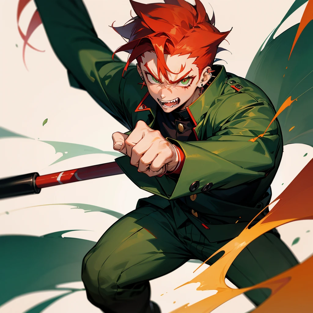 1 male, anime boy, delinquent, red hair, green eyes, dark tanned skin, piercings, pointy teeth, angry face, muscly, holding baseball bat, japanese school guy, gakuran jacket, school background,