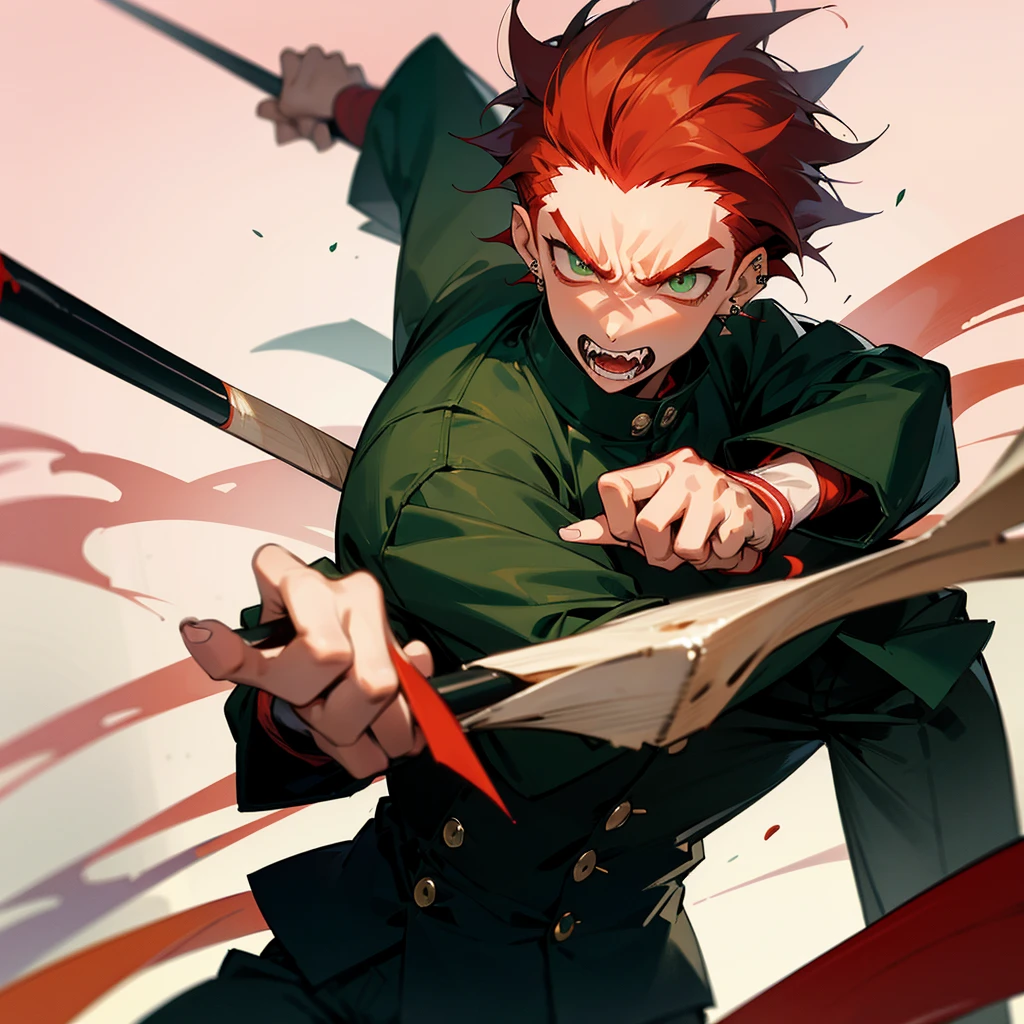 1 male, anime boy, delinquent, red hair, green eyes, dark tanned skin, piercings, pointy teeth, angry face, muscly, holding baseball bat, japanese school guy, gakuran jacket, school background,