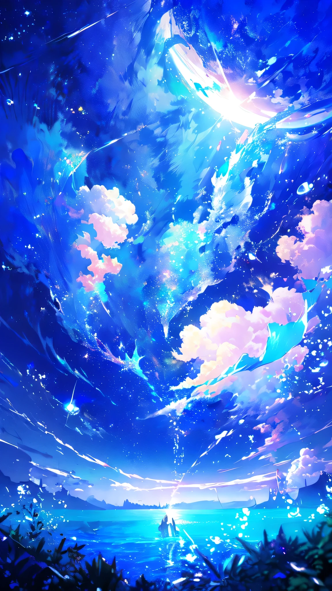 -scenery, 1girl, sky, Star (sky), Highest Resolution、船
, night, solo,Fine starry sky、 city lights, Starry sky, Fine bubbles、night sky, bubble, moon, watercraft, outdoors, short hair, ocean, cloud,coloured glaze,