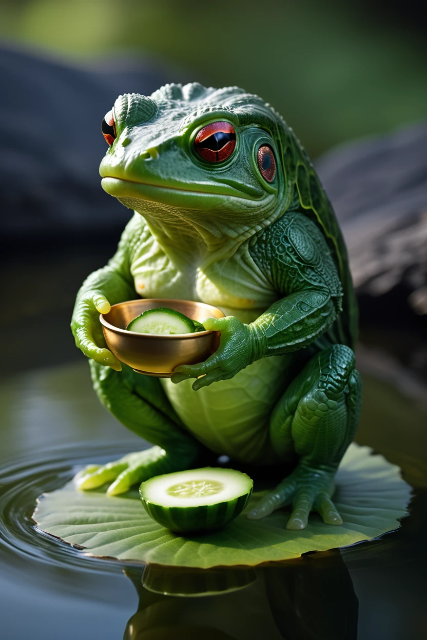 A diminutive, humanoid creature emerges from the tranquil waters of a twilight river, its emerald-hued, scale-like skin shimmering in the fading sunlight. Atop its head rests a bowl-like indentation perpetually brimming with water, serving as its vital life source. Webbed hands and feet complement its amphibian nature, while its mouth resembles a wide, beak-like structure. As the river gently reflects its image, the kappa clutches its beloved cucumber, a culinary delight that fuels its existence.