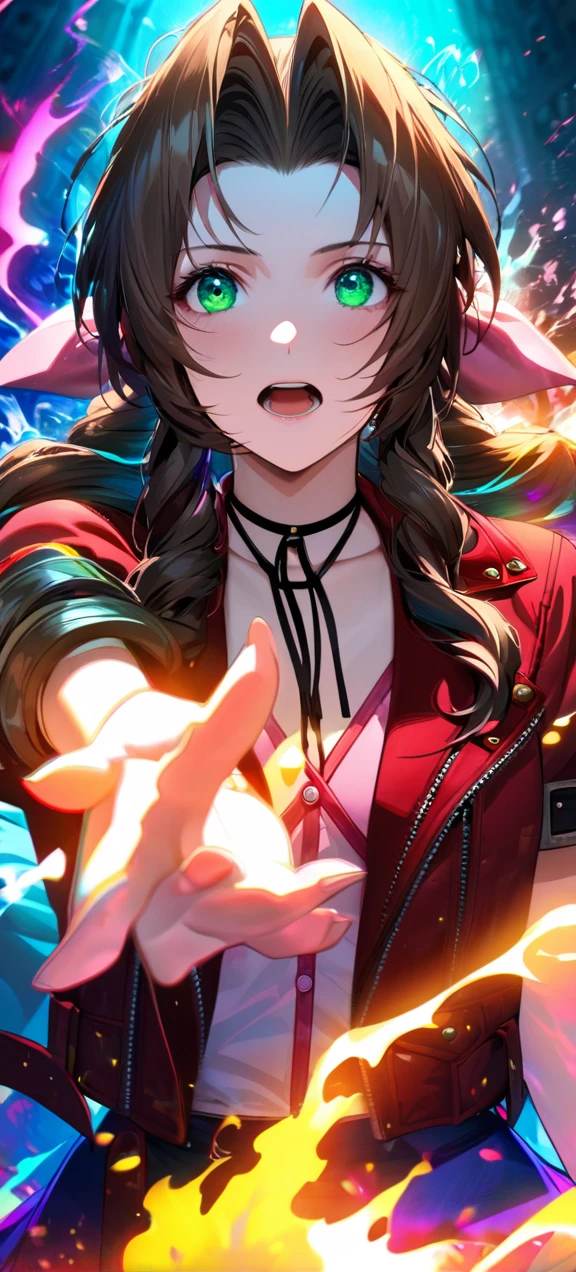 Symetrical,detailed front view,absurdres, highres, ultra detailed, HDR, masterpiece, extremely detailed face and eyes, aerith gainsborough ,final fantasy 7, , , solo, women , beautiful, ,, , beautiful pose scene,colorful flowers effect, colorful lightning effect,glowing glitters, ,colorful flames effect, colorful aura effect, colorful splashing, surrounded by colorful flowers energy