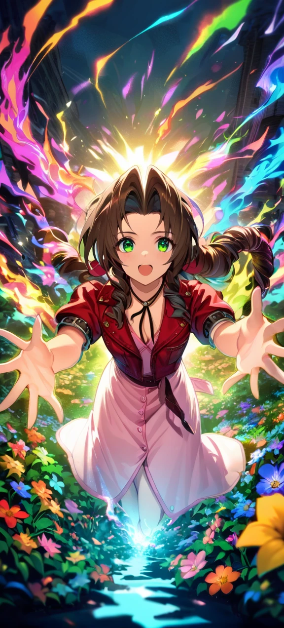 Symetrical,detailed front view,absurdres, highres, ultra detailed, HDR, masterpiece, extremely detailed face and eyes, aerith gainsborough ,final fantasy 7, , , solo, women , beautiful, ,, , beautiful fight scene,colorful flowers effect, colorful lightning effect,glowing glitters, ,colorful flames effect, colorful aura effect, colorful splashing, surrounded by colorful flowers energy