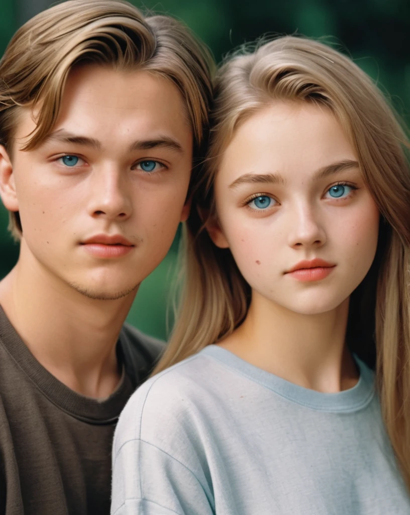 ((A couple in love)) a young man of 16 years old with bright blue eyes, light brown hair, physical resemblance to 16-year-old Leonard Dicaprio in the 90's, youthful face of man without beard or mustache, dressed in a red spider-man sweatshirt, short hair hairstyle, standing, next to his beautiful blonde-haired girlfriend with bright, slightly dark blue eyes and a physical resemblance to 16-year-old Amanda Seyfried dressed in a black dress and a black blazer, an unreal engine 5, octane renderer, background of a bookstore, detailed hair and eyes, beautiful real faces, Detailed faces with physical resemblances to actors Leonardo Dicaprio and Amanda Seyfried, Beautiful hair, they both smile, beautiful portrait con detalles, hair with many details, 8k Artgerm bokeh, IG model | Artgerm, detailed portrait, stunning holding portrait of a realistic face, beautiful portrait, deviantart artstation cgscosiety, realistic cinematic portrait, high quality portrait, elegant digital painting, Artistic style