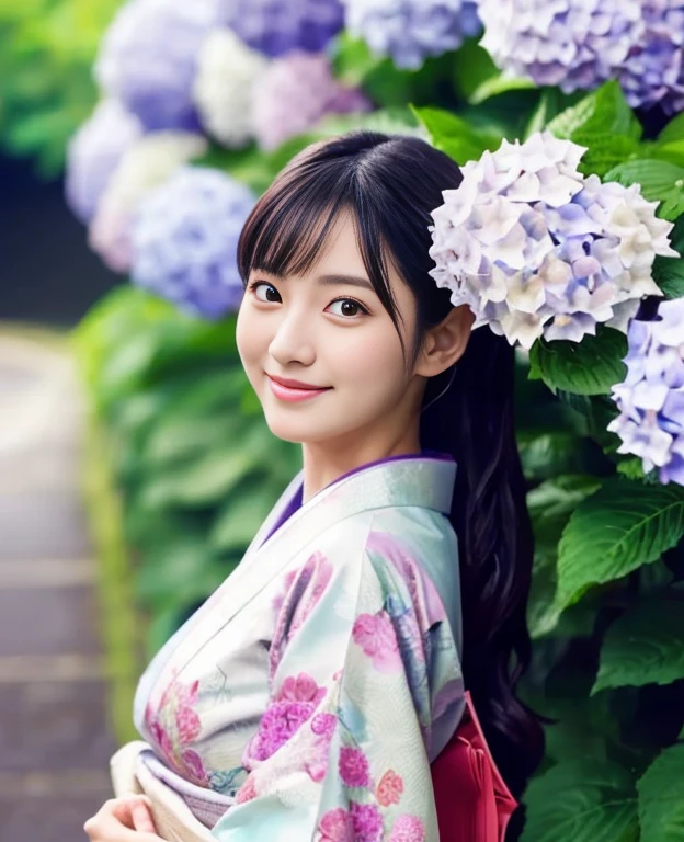 realisitic、8K UHD、hight resolution、(1girl in:1.2)、The ultra-detailliert、High quality textures、intricate detailes、detaileds、Very detailed CG、High quality shadows, A dark-haired、Kyo-Yuzen、colourful Kimono、park background,hydrangeas field , (Super cute face in idol style:1.4)、slim and beautiful figure、beutiful breast、A smile、full body Esbian:1.2, wet background, raining day, wet background, a Japanese woman in kimono, 20 years old, blue kimono, (hydrangeas flower tunnel)