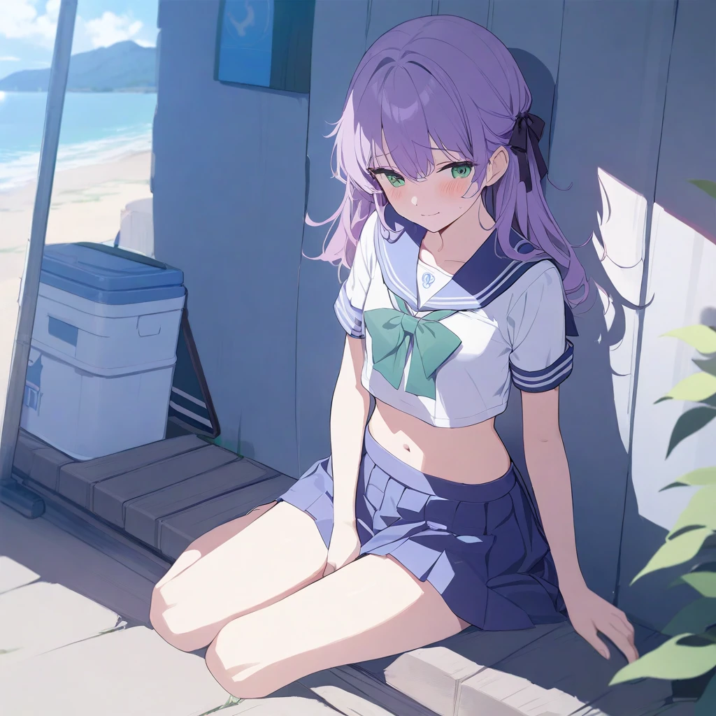 masterpiece, best quality, high quality, beautiful anime character, solo, anime girl with purple hair, messy hair, green eyes, medium breasts, teen female, teenage female, medium girl, (light smile, shy, blush), outdoors, (sailor uniform, ribbon, pleated skirt), short sleeves, navel, sitting, full body,