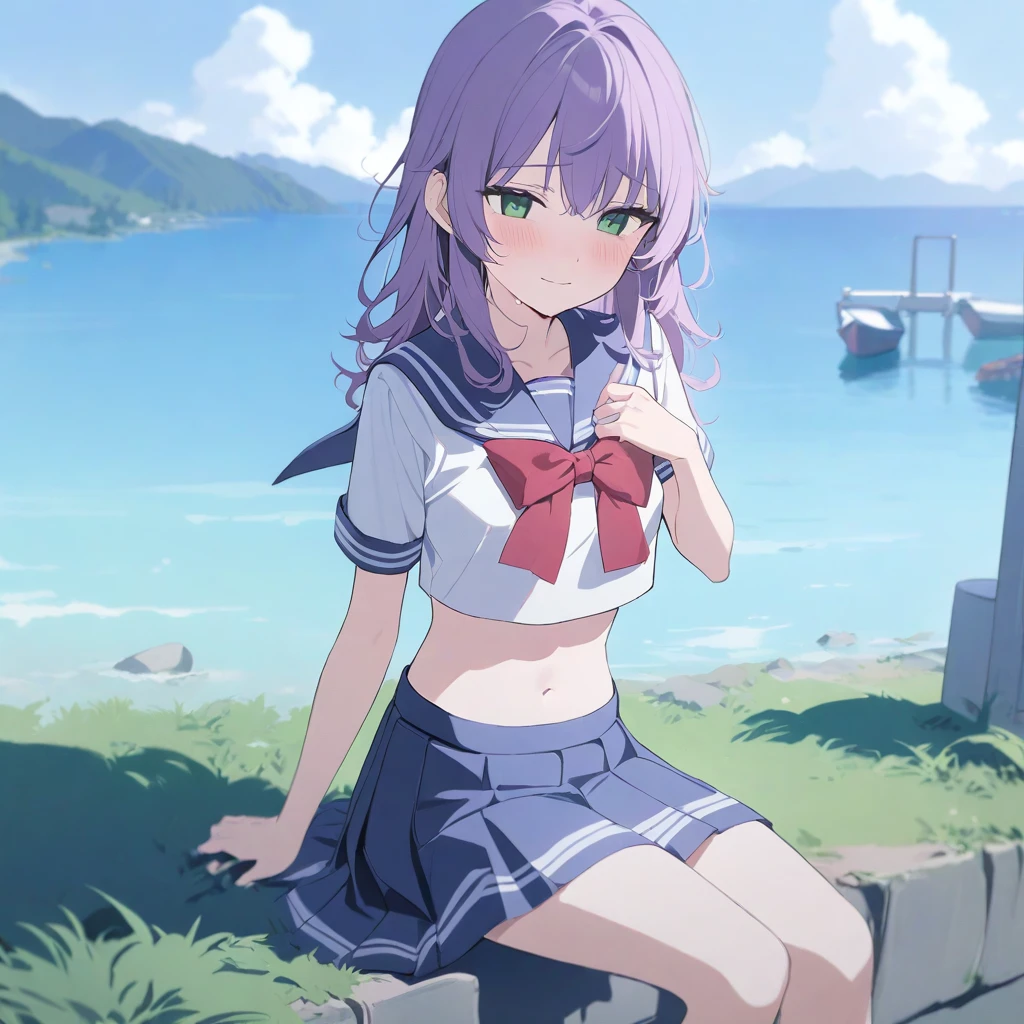masterpiece, best quality, high quality, beautiful anime character, solo, anime girl with purple hair, messy hair, green eyes, medium breasts, teen female, teenage female, medium girl, (light smile, shy, blush), outdoors, (sailor uniform, ribbon, pleated skirt), short sleeves, navel, sitting, full body,