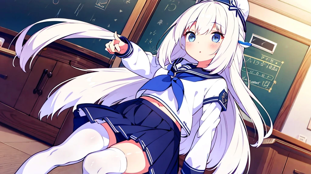 Extremadamente detallado gran calidad de imagen 1 white-haired girl with ribbon decorations on her head, blue eyes in school mini skirt navy Women with white stockings at home