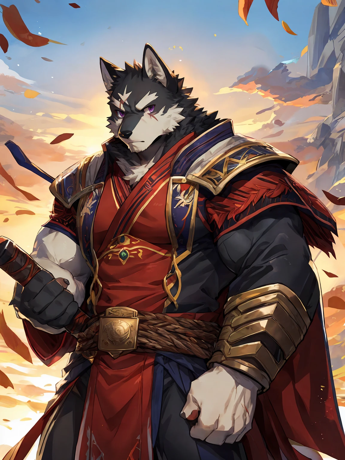 embedding:Black wolf,male, Purple eyes,Scar on the face, Single Person,black fur.Samurai,Samurai suit,Holding a samurai sword,Adult male,strong,Serious,Handsome,Muscular,Tall,Best quality hands, best quality eye,detailed fur,Delicate eyes.Extreme picture quality,by sollyz,by zixiong,by milkytiger1145