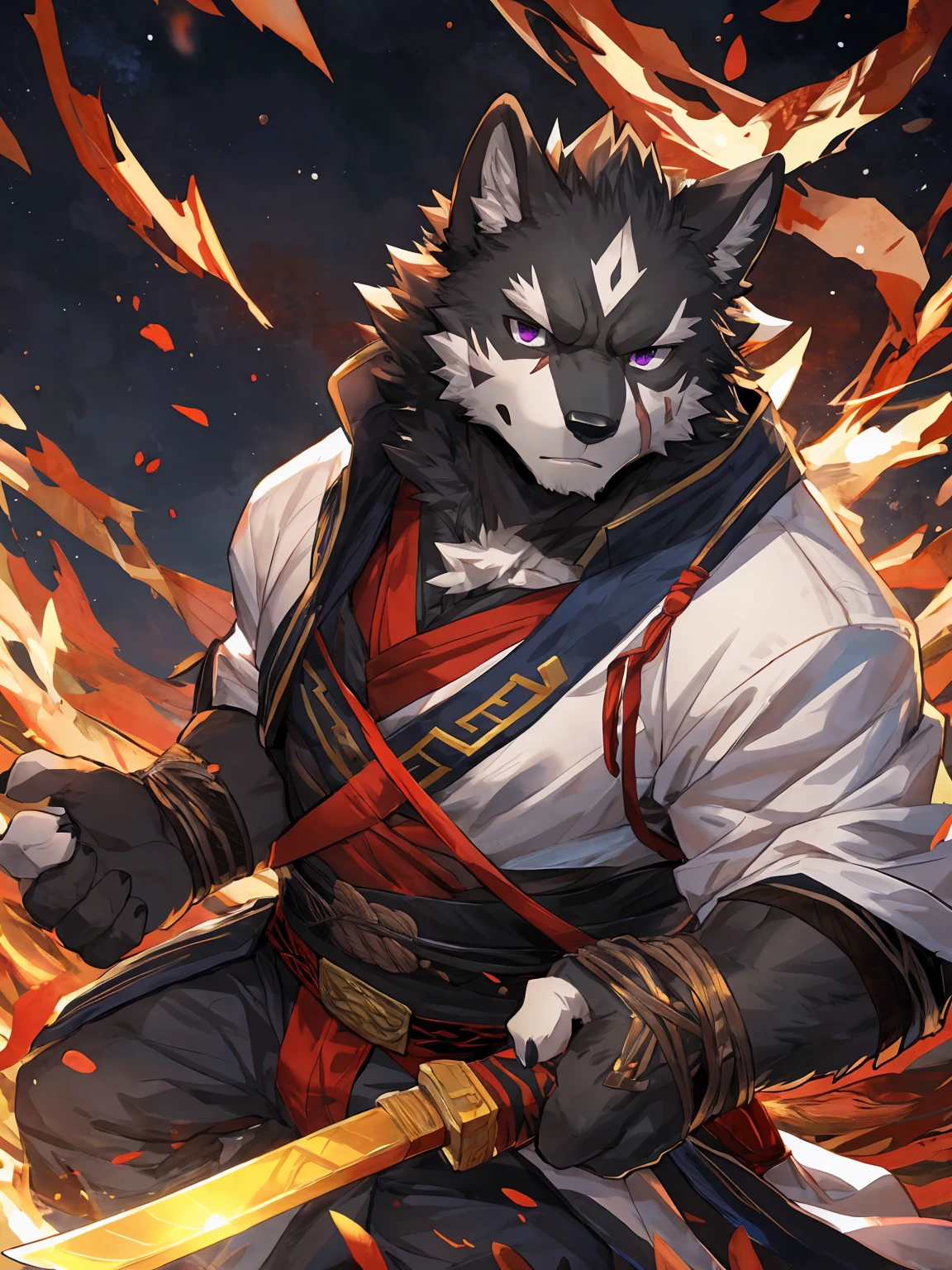 embedding:Black wolf，male, Purple eyes,Scar on the face, Single Person,black fur.Samurai,Samurai suit,Holding a samurai sword,Adult male,strong，Serious,Handsome,Muscular,Tall,Best quality hands, best quality eye，detailed fur，Delicate eyes.Extreme picture quality，by sollyz,by zixiong,by milkytiger1145