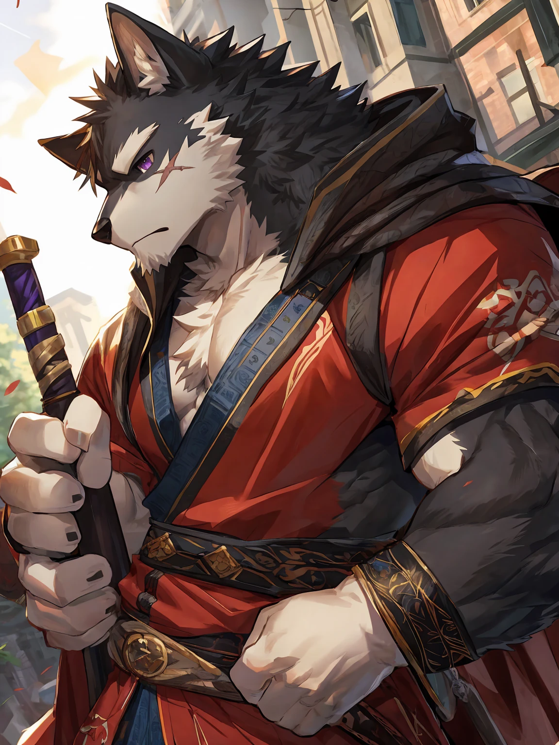 embedding:Black wolf，male, Purple eyes,Scar on the face, Single Person,black fur.Samurai,Samurai suit,Holding a samurai sword,Adult male,strong，Serious,Handsome,Muscular,Tall,Best quality hands, best quality eye，detailed fur，Delicate eyes.Extreme picture quality，by sollyz,by zixiong,by milkytiger1145