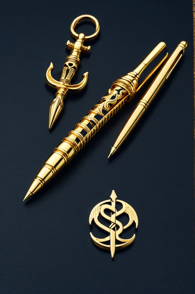 Make a logo with a skeleton hand holding a caduceus pen with a background of gold and navy blue
