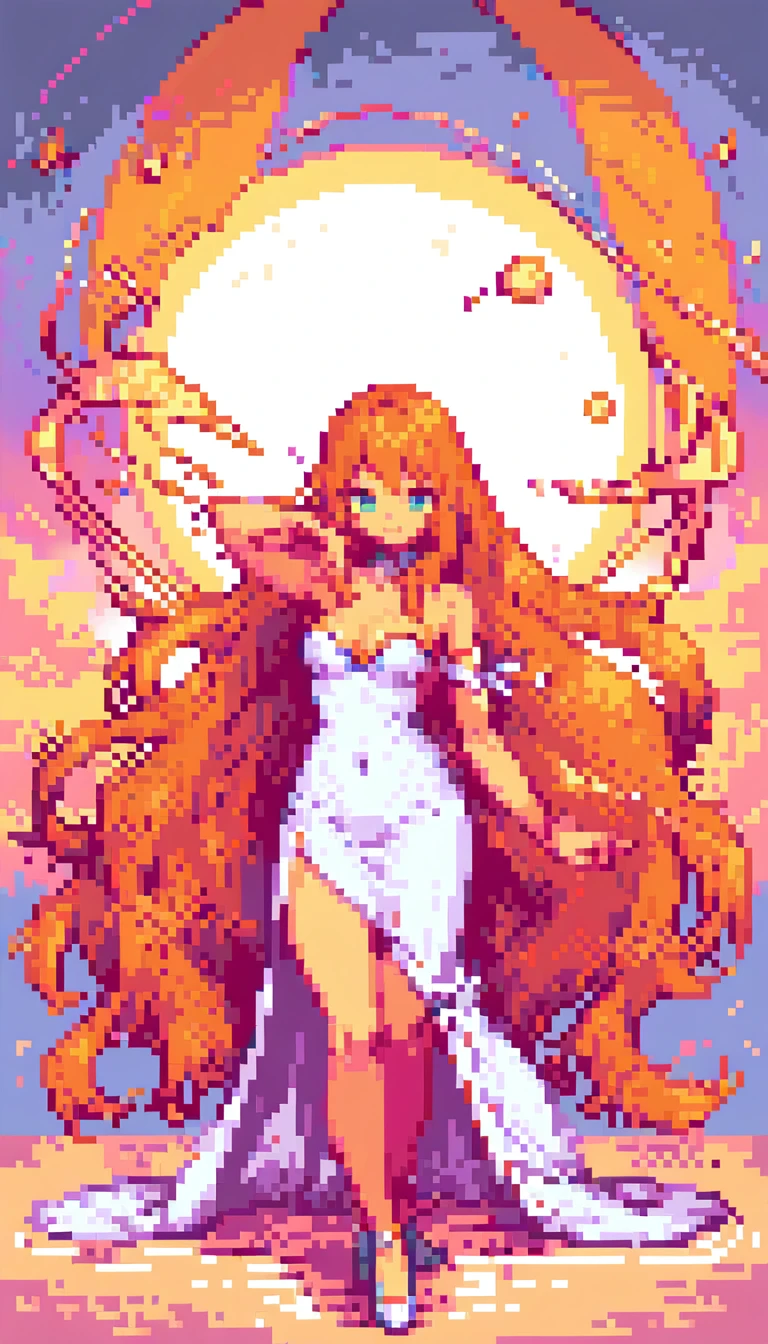 A beautiful anime girl, ultra-detailed pixel art, vibrant 128-bit colors, masterpiece 2D illustration, intricate linework, delicate facial features, porcelain skin, flowing hair, elegant pose, serene expression, lush natural background, glowing lighting, warm color palette, dreamlike atmosphere, breathtaking details