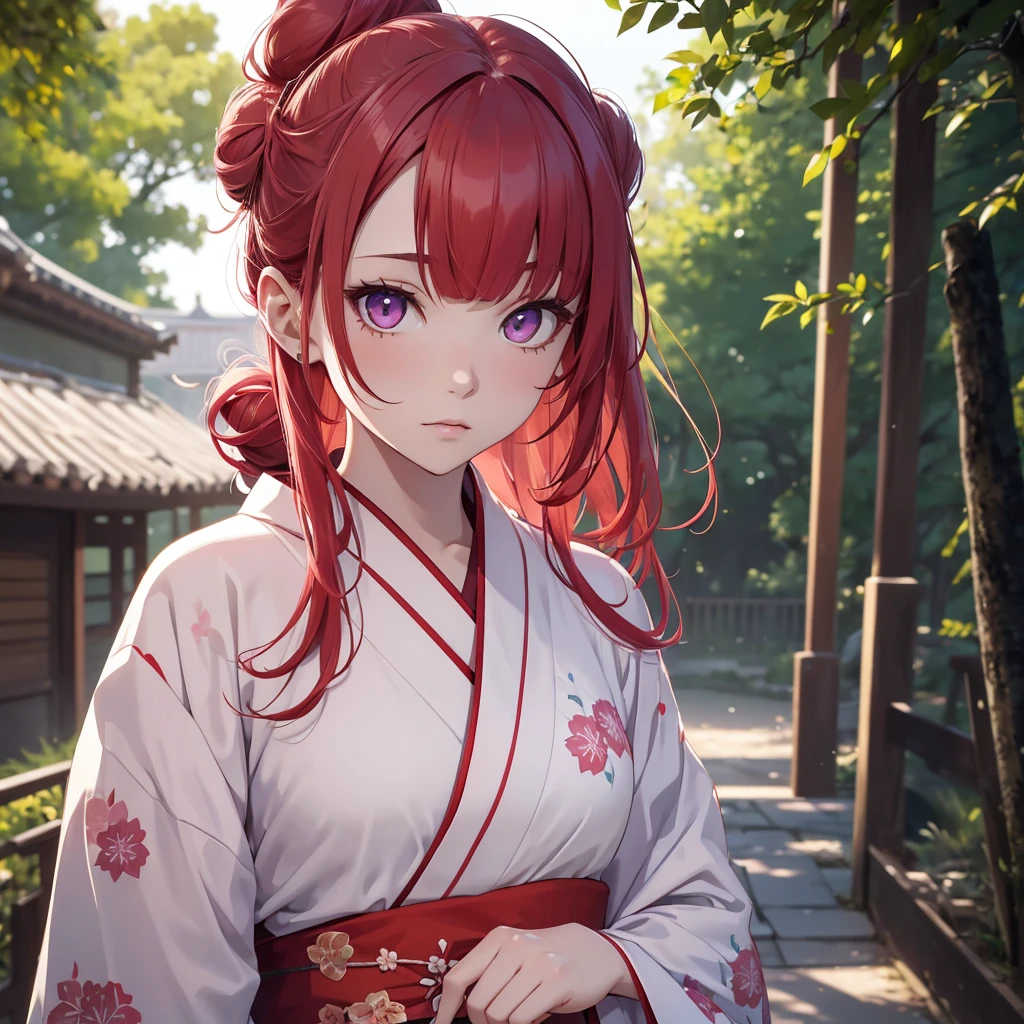 (8K, Best Quality, Masterpiece, Ultra High Resolution) 1 Girl, Beautiful Eyes, Face Details, Long Red Hair, Hair Buns, Pink Eyes, Pale Skin, , Wearing Kimono, White Kimono, Purple Details, Standing Outside, Best Quality, Upper Body, Looking at the Viewer, Facing Viewer, Close Up