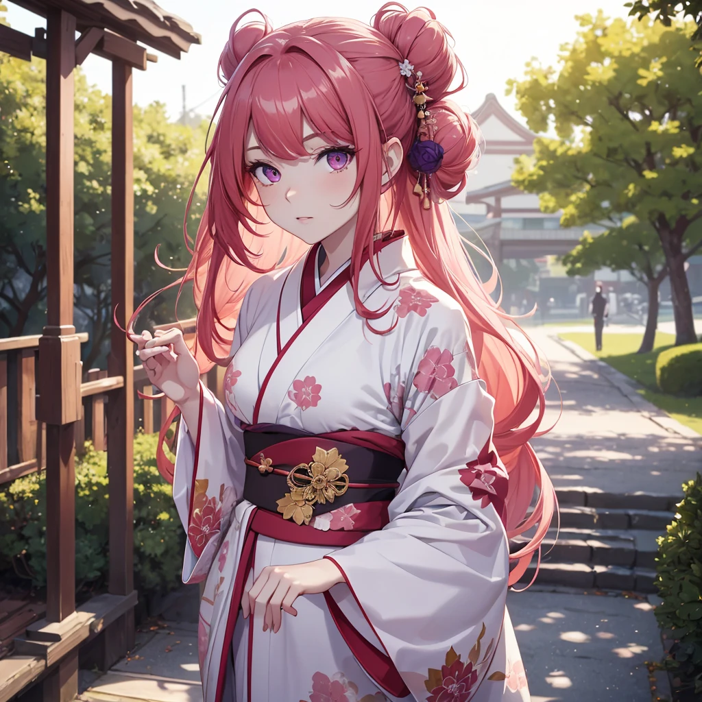 (8K, Best Quality, Masterpiece, Ultra High Resolution) 1 Girl, Beautiful Eyes, Face Details, Long Red Hair, Hair Buns, Pink Eyes, Pale Skin, , Wearing Kimono, White Kimono, Purple Details, Standing Outside, Best Quality, Upper Body, Looking at the Viewer, Facing Viewer, Close Up