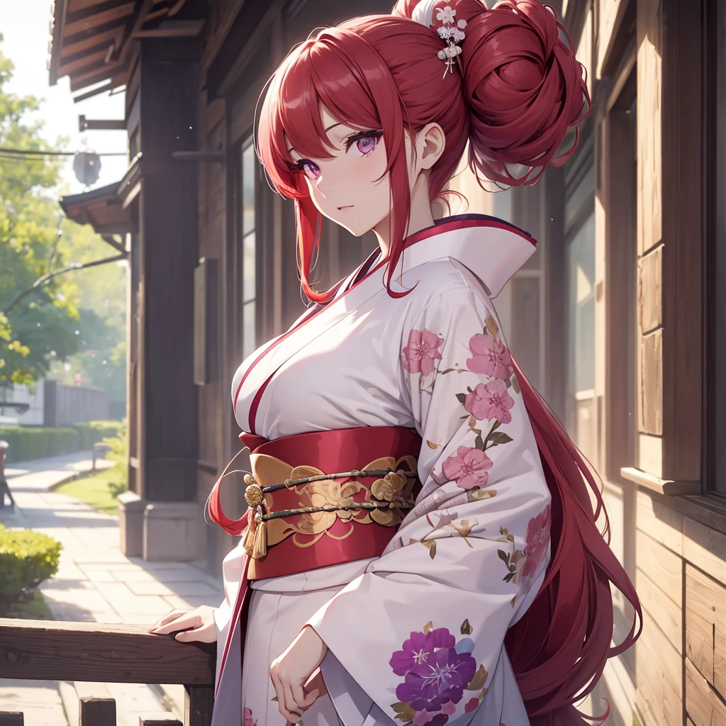 (8K, Best Quality, Masterpiece, Ultra High Resolution) 1 Girl, Beautiful Eyes, Face Details, Long Red Hair, Hair Buns, Pink Eyes, Pale Skin, , Wearing Kimono, White Kimono, Purple Details, Standing Outside, Best Quality, Upper Body, Looking at the Viewer, Facing Viewer, Close Up