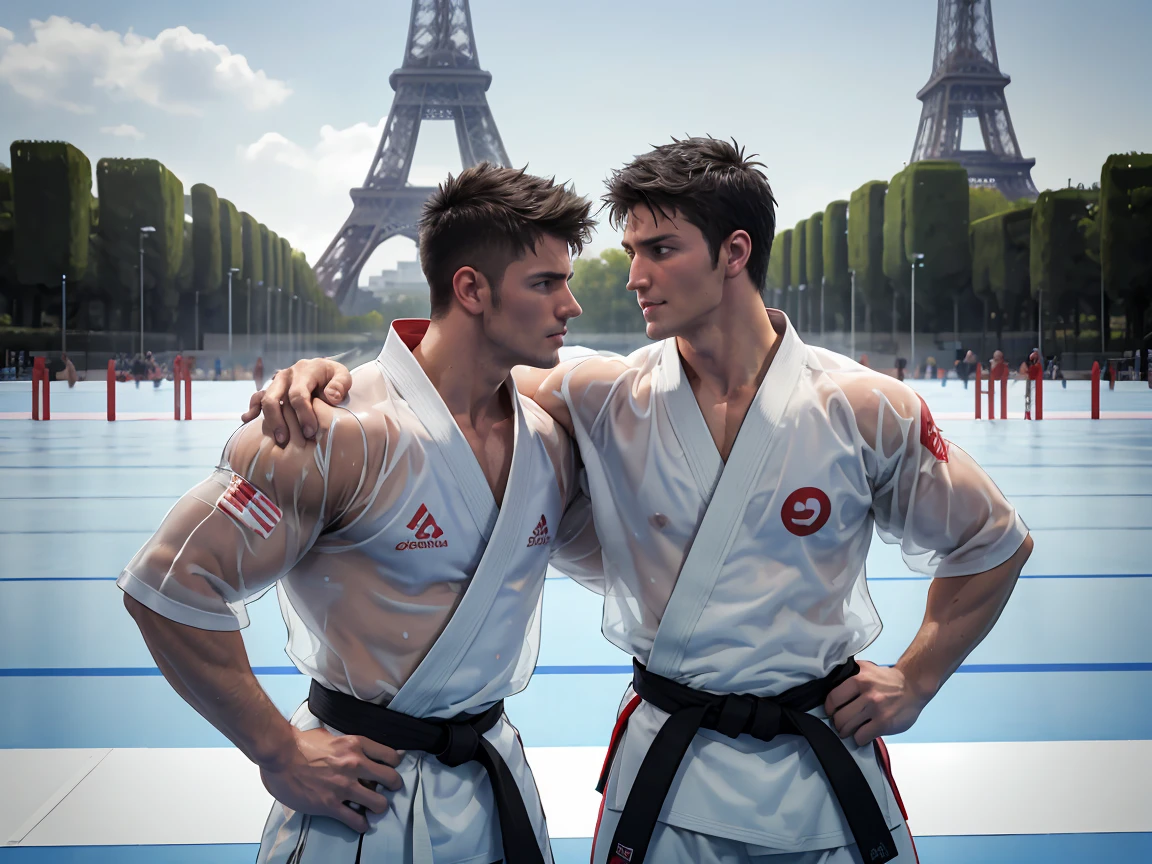 2men standing side-by-side, wrestlers, European, patting each other's shoulder, wearing detailed transparent karate gi, wearing detailed wet karate gi, wearing detailed see-through karate gi, outdoor Olympic arena in front of Eiffel Tower, black hair, short hair, spiky hair, fight scene, sad faces, ((facing camera)), noon, black belt