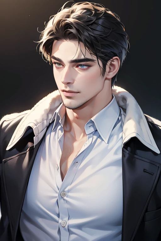 (best quality,4k,8k,highres,masterpiece:1.2),ultra-detailed,(realistic,photorealistic,photo-realistic:1.37),30 year old man,3 day beard,handsome anime,portraits,strong,masculine,dark hair,sharp jawline,mesmerizing eyes,perfectly styled hair,cool anime outfit,confident expression,vibrant colors,dynamic lighting, CEO and expression smile in love.