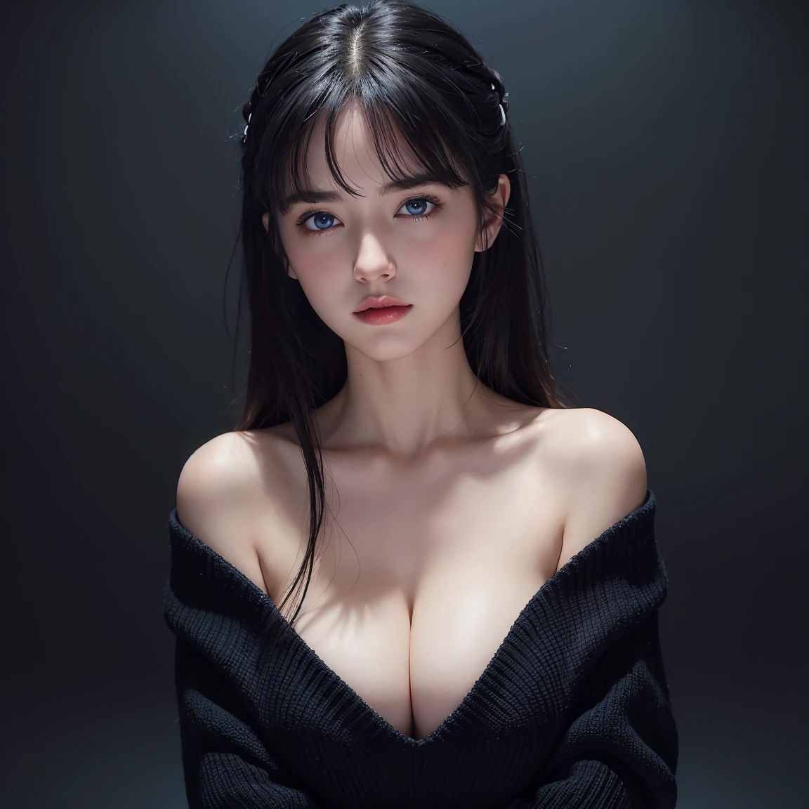 masterpiece, Highest quality, high resolution photorealistic, Shiny skin, bangs, Big Breasts, Open the mouse, Exposed cleavage, blue eyes,, ((Dark Background)), View your viewers, Off the shoulder, Black sweater,