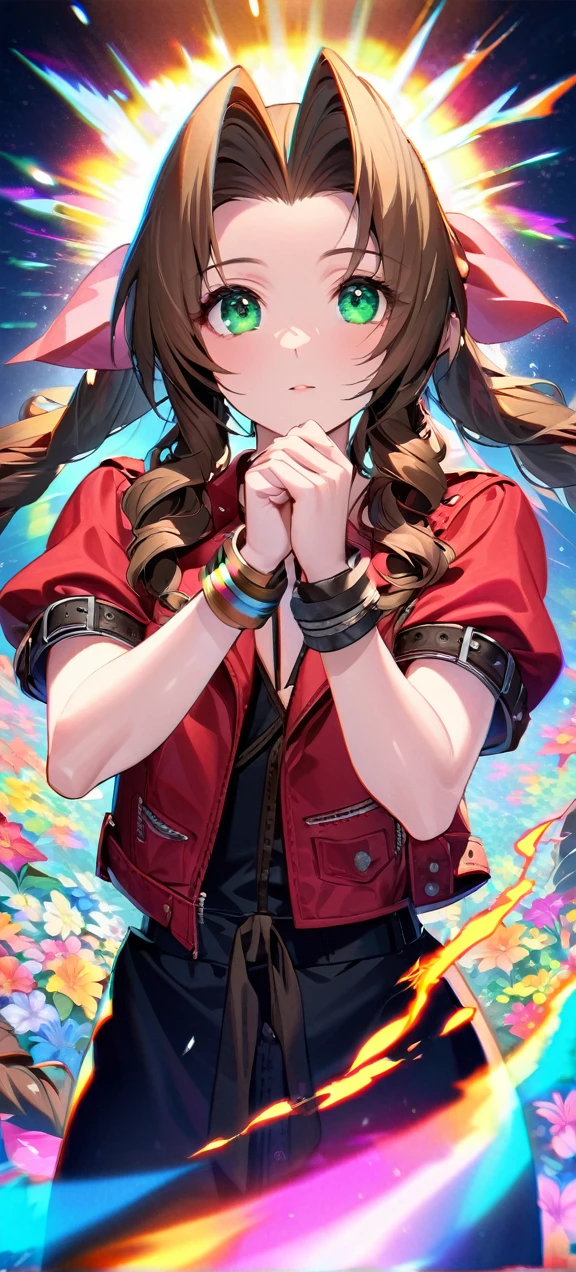 Symetrical,detailed front view,absurdres, highres, ultra detailed, HDR, masterpiece, extremely detailed face and eyes, aerith gainsborough ,final fantasy 7, , , solo, women , beautiful, ,, , beautiful pose scene,colorful flowers effect, colorful lightning effect,glowing glitters, ,colorful flames effect, colorful aura effect, colorful splashing, surrounded by colorful flowers energy
