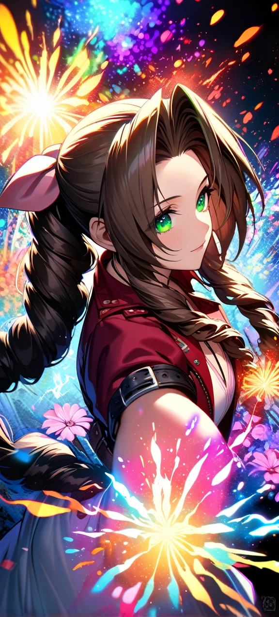 Symetrical,detailed front view,absurdres, highres, ultra detailed, HDR, masterpiece, extremely detailed face and eyes, aerith gainsborough ,final fantasy 7, , , solo, women , beautiful, ,, , beautiful pose scene,colorful flowers effect, colorful lightning effect,glowing glitters, ,colorful flames effect, colorful aura effect, colorful splashing, surrounded by colorful flowers energy