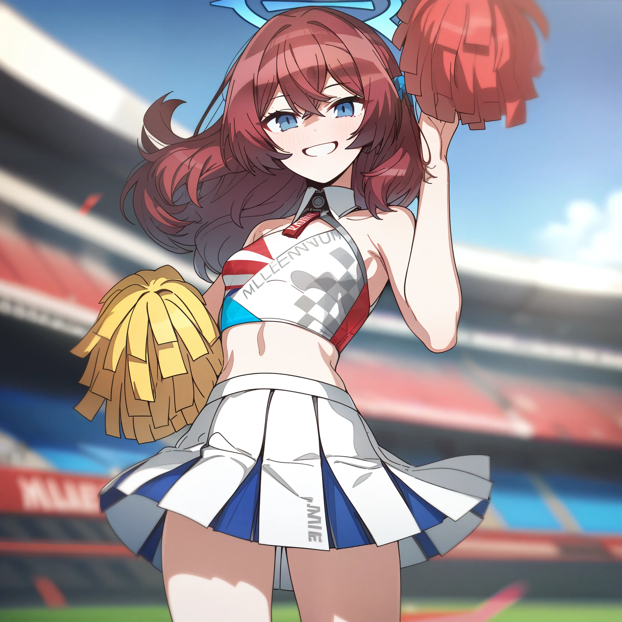 1girl, erere, absurdres, official art, absurdres, blue archive, iroha (blue archive), alternate costume, black eyes, blue halo, blue sky, blurry, breasts, cheerleader, depth of field, grin, halo, hand up, holding, holding pom poms, long hair, looking at viewer, looking back, millennium cheerleader outfit (blue archive), outdoors, pleated skirt, pom pom (cheerleading), red hair, skirt, sky, small breasts, smile, solo, stadium, standing, white skirt, ((very aesthetic, best quality, ultra detailed)), rating:safe