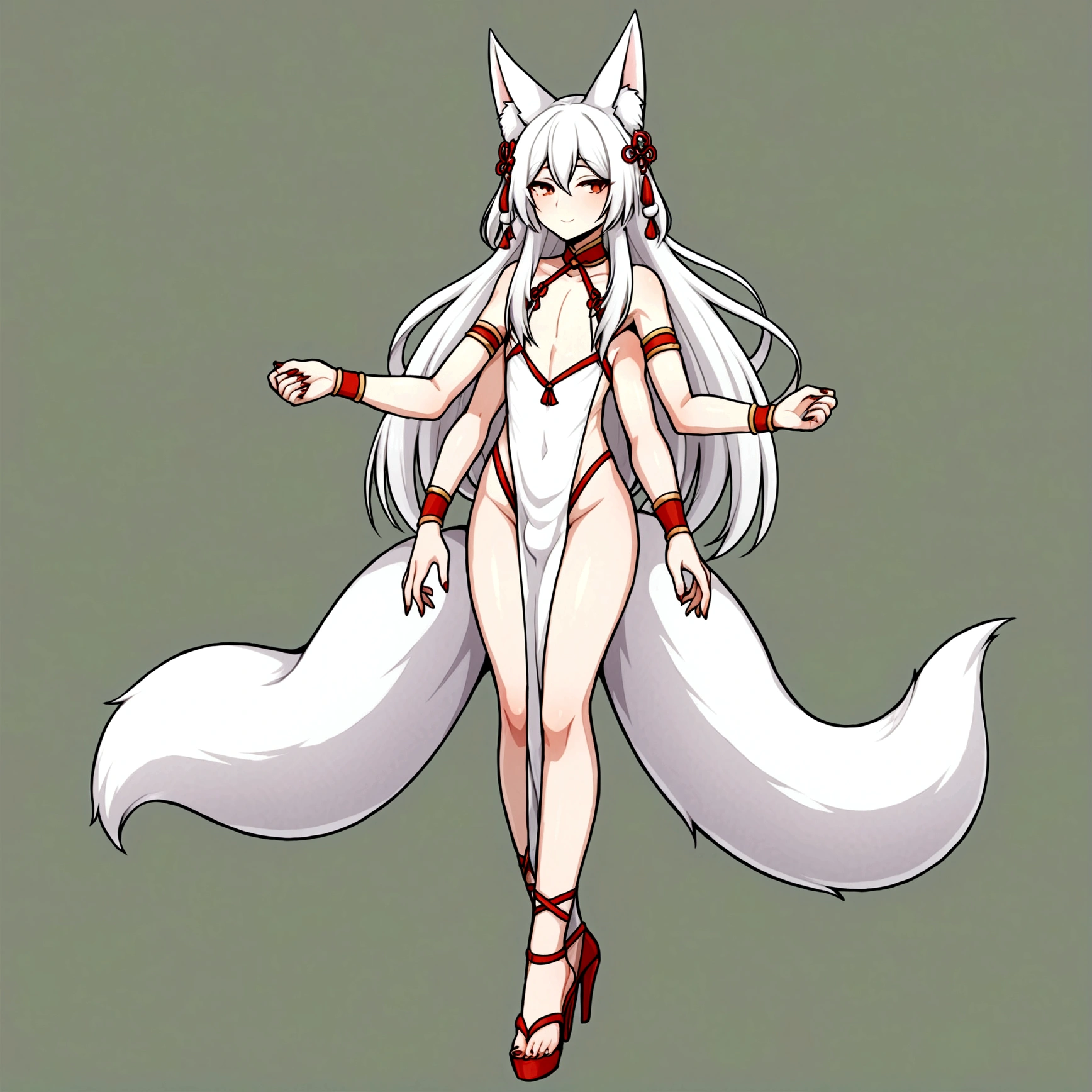 Femboy, long white hair, geisha outfit, fox ears, 9 fox tails, 4 arms, full body.