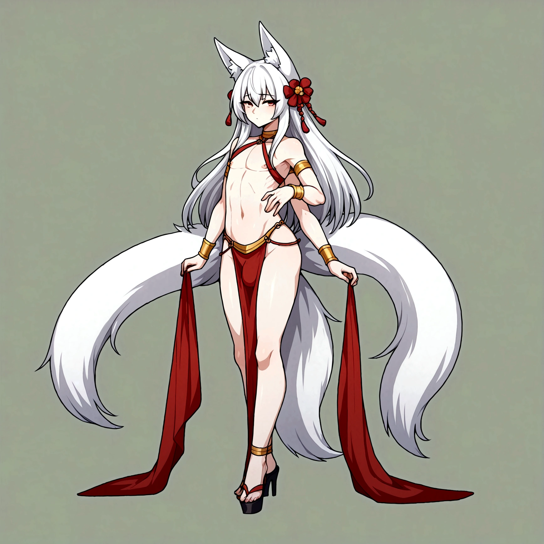 Femboy, long white hair, geisha outfit, fox ears, 9 fox tails, 4 arms, full body.