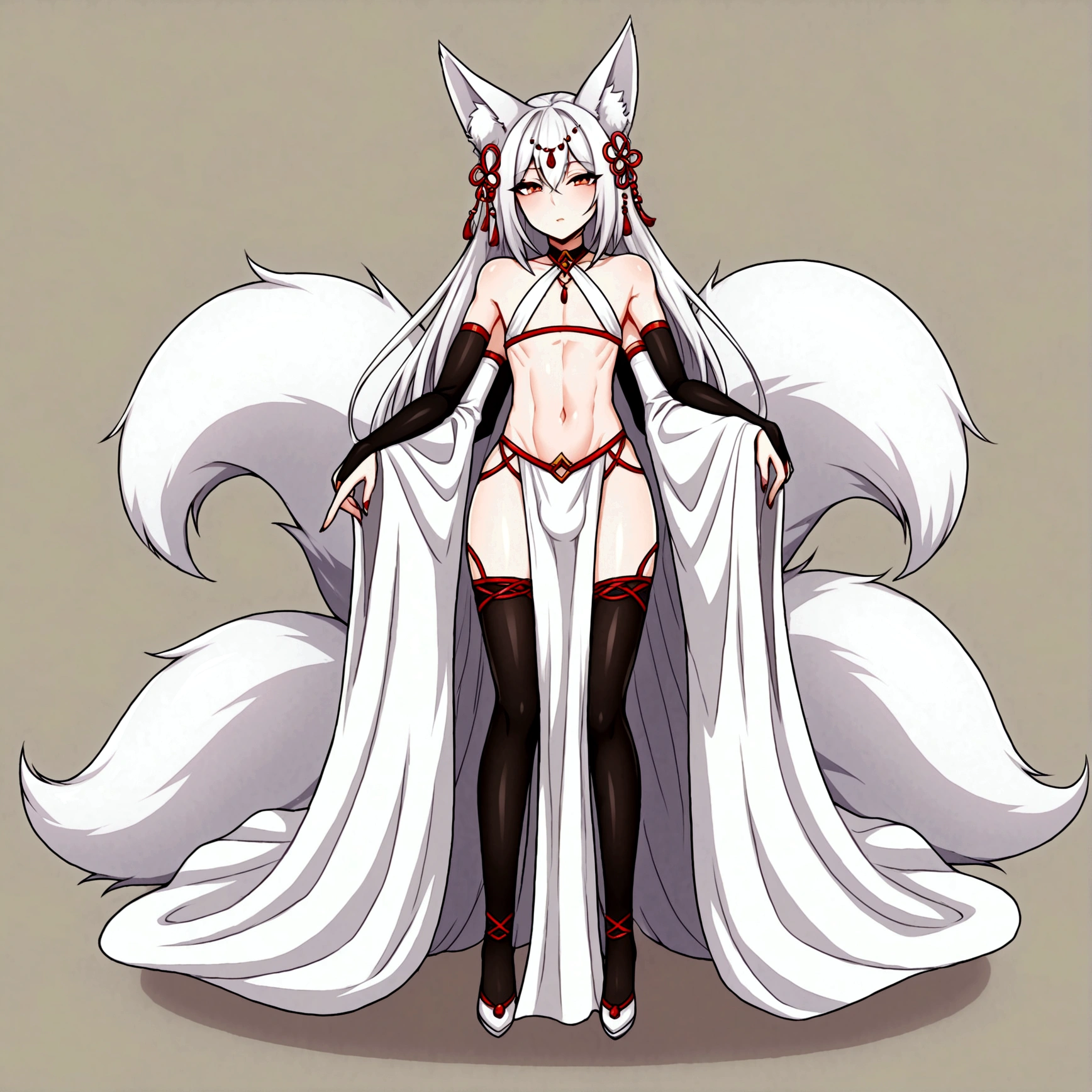 Femboy, long white hair, geisha outfit, fox ears, 9 fox tails, 4 arms, full body.