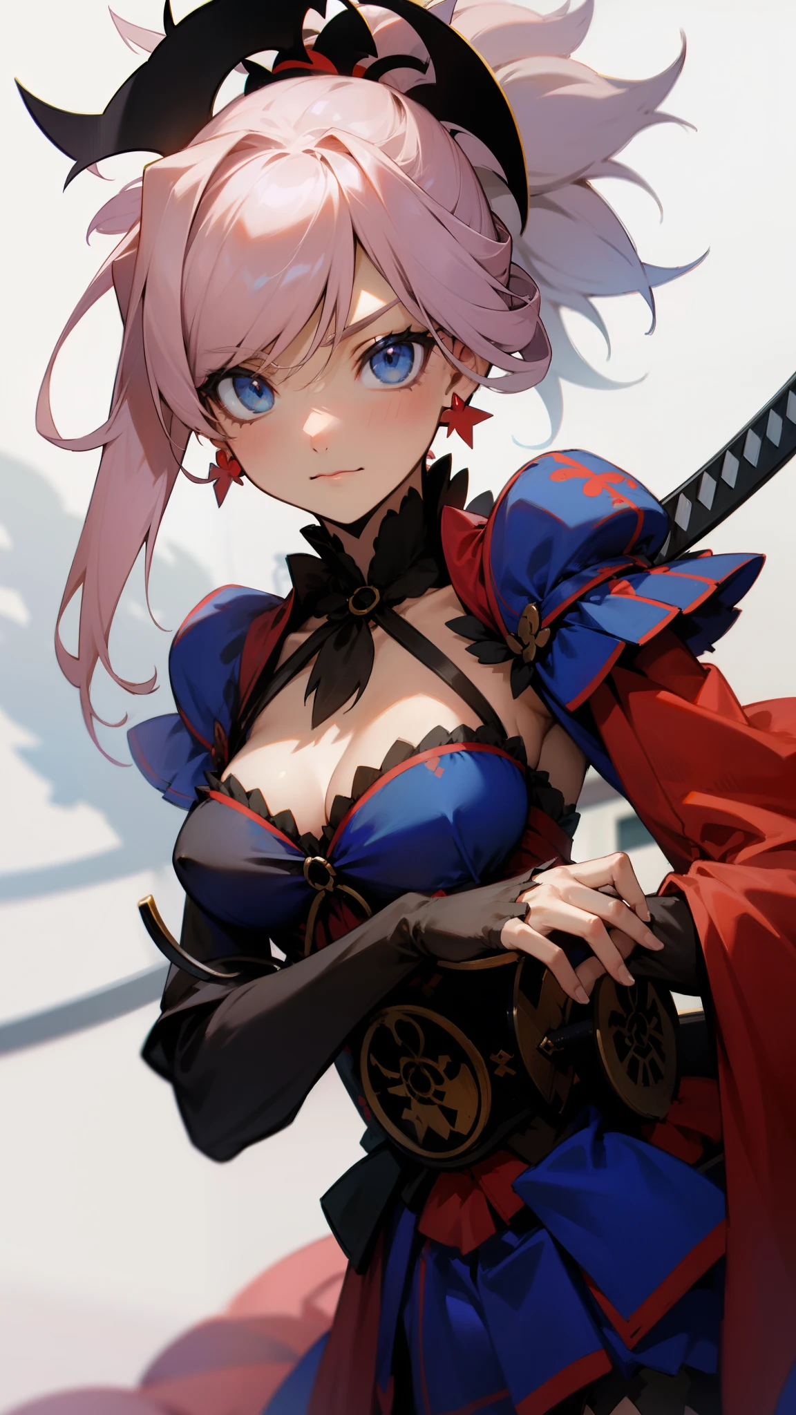 miyamoto musashi, asymmetrical hair, blue eyes, earrings, hair ornament, pink hair, ponytail, sidelocks,masterpiece anime, best quality 