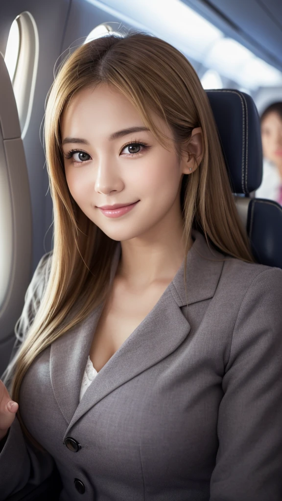 Top quality, Photo Real, High resolution, Detailed Background, Beautiful skin in every detail, Detailed nose, Soft lighting, (Solo Shot:1.23), (Upper Body:1.1),(flight attendant1.9) ,she is a flight attendant.,Close-up shot, (focused on the chest:1.2), View your viewers, (((Nice hands, Perfect hands))), Clear Eyes,Japanese women, Pale skin,1 beautiful woman, (japanese1.6),around 20 years old,(permed hair1.4),Blonde hair,(I cannot see her chest as it is completely covered by clothing1.8),soft-looking chest,A large and well-shaped chest,Extremely large breasts,(cute lips1.7), (Open-mouthed and smiling very happily1.9),Beautiful eyes,looking up with eyes,staring at me,staring directly,smile towards,(She is looking straight at me from the front1.9),(accurate structure of the limbs1.9), onboard aircraft,on an aircraft