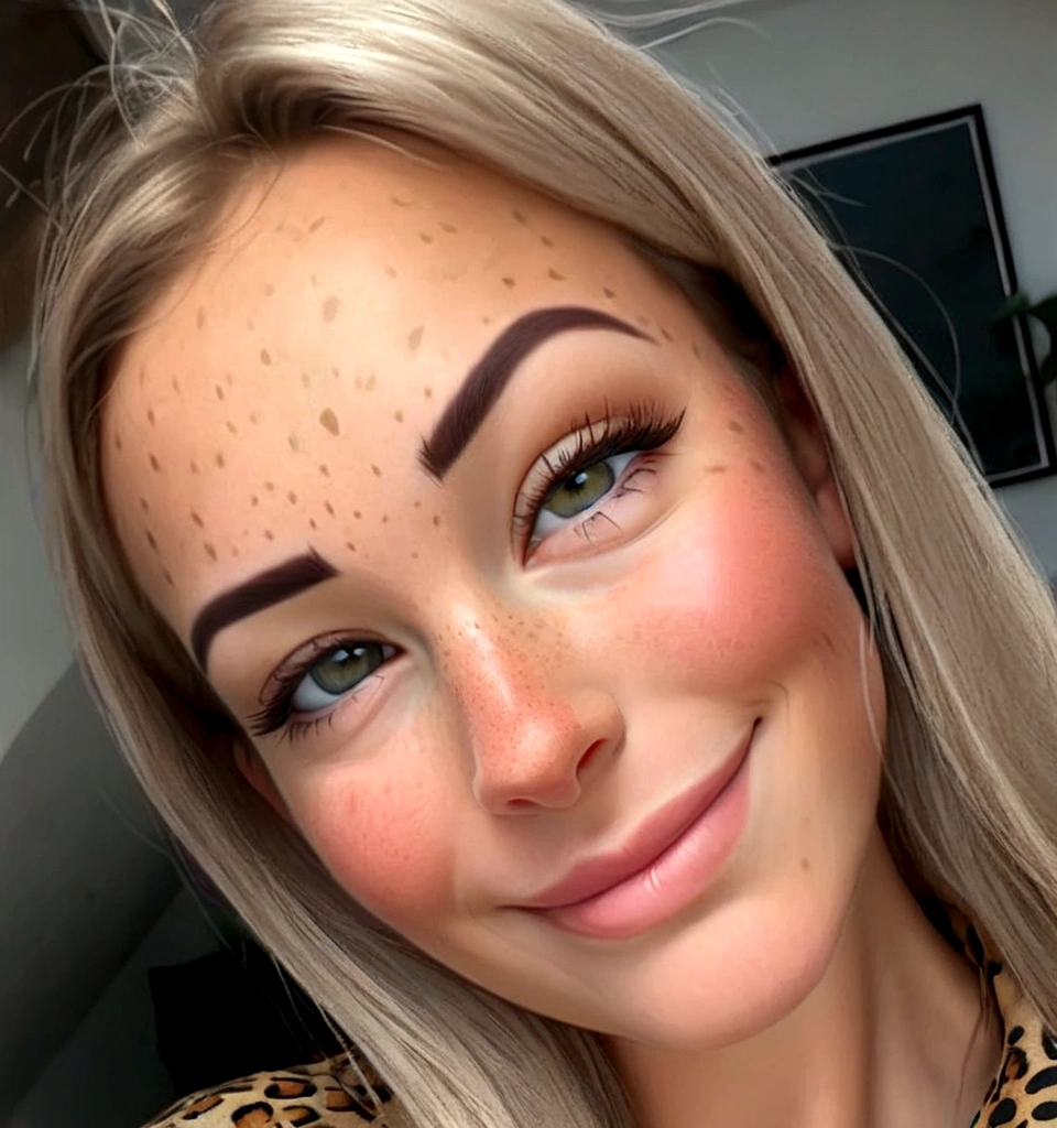 blond woman with freckles and a leopard print shirt smiling, full face frontal centred, thin eyebrows, relaxed eyebrows, very light freckles, 3 2 - year - old, holly bruce, thick eyebrows, large eyebrows, profile image, kirsi salonen, richly defined face, 3 0 years old woman, 30 years old woman, fantastic details full face
