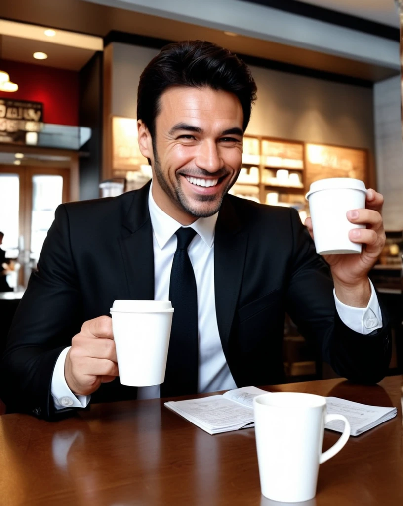 Business man ordering coffee, high quality, ultra-detailed, dramatic angle, big sly smile, perfect hands,