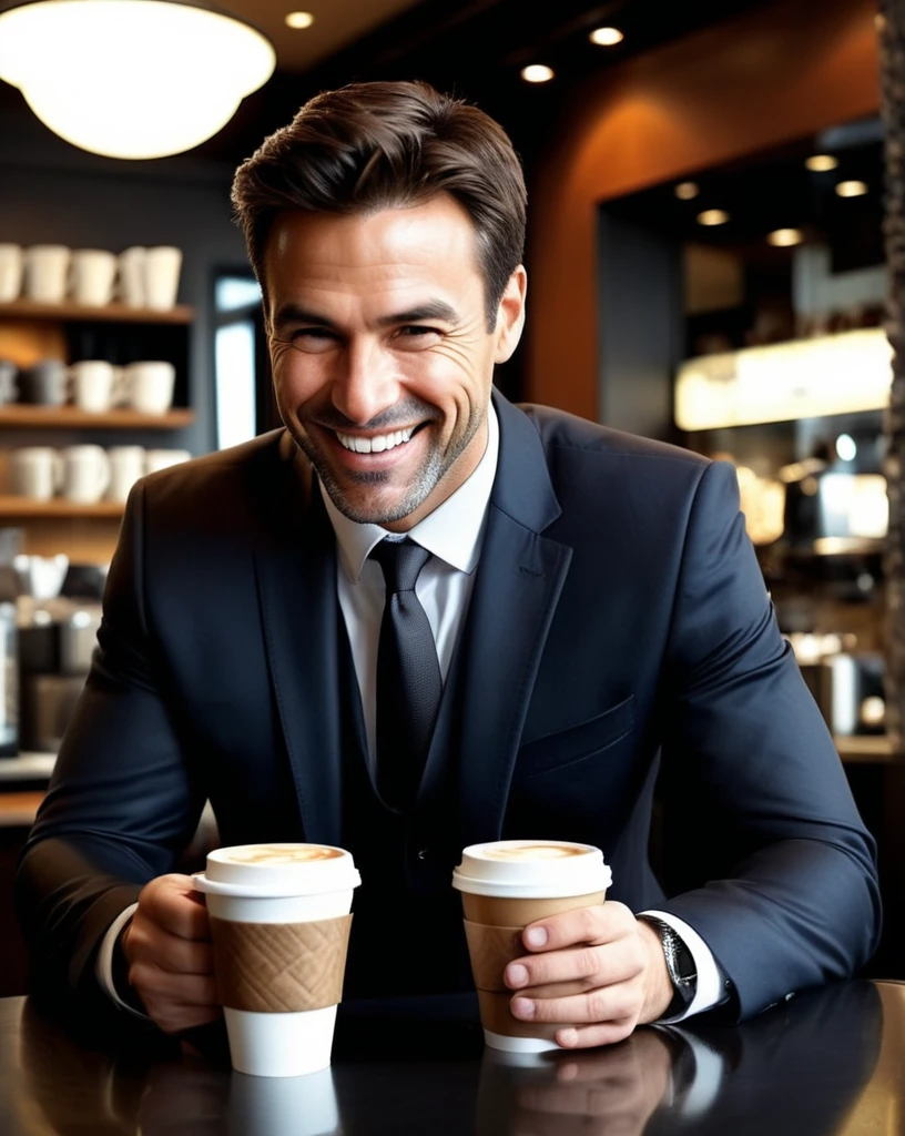 Business man ordering coffee, high quality, ultra-detailed, dramatic angle, big sly smile, perfect hands,