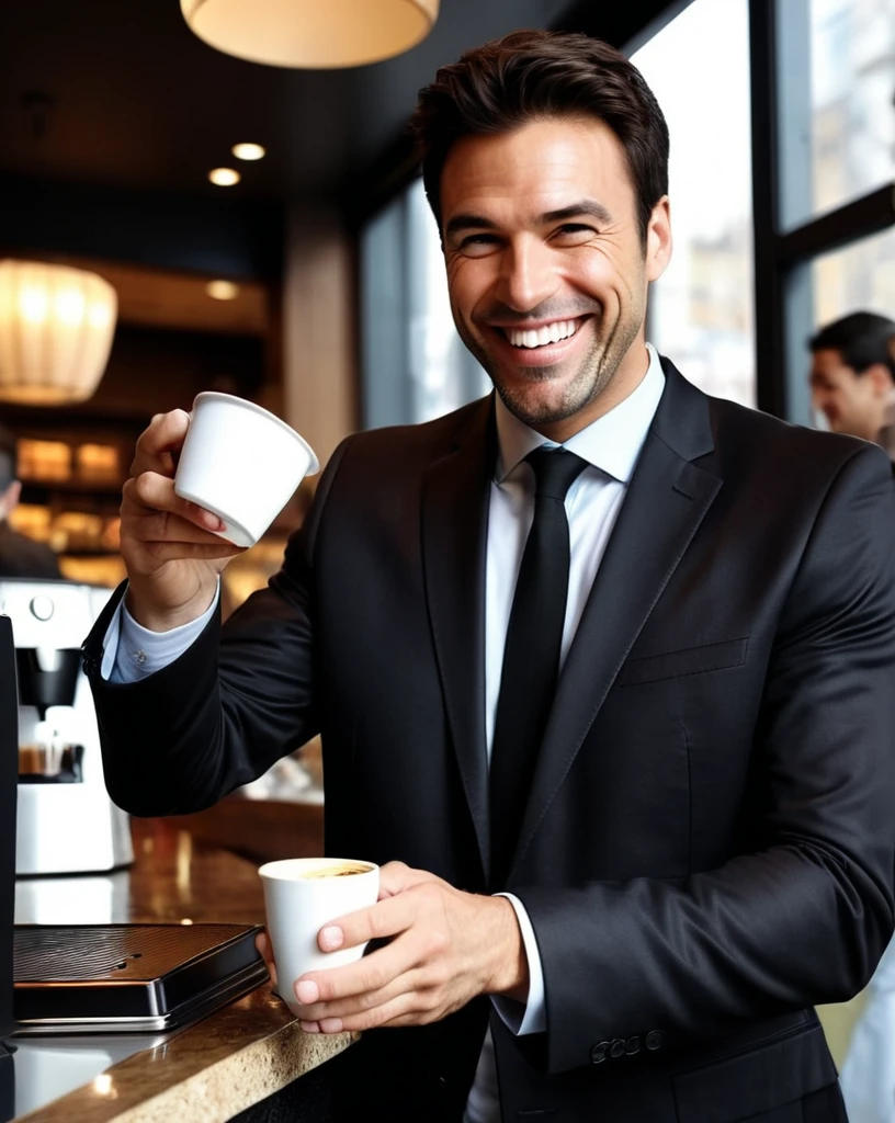 Business man ordering coffee, high quality, ultra-detailed, dramatic angle, big sly smile, perfect hands,