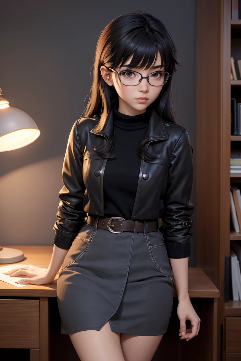 (Masterpiece, Top Quality, Best Quality, Anime Style, Makoto Shinkai style, Official Art: 1.1),1Girl wearing black frame glasses,Black Hair,Long hair,Bangs,Quiet,Sitting,Books in front of you,desk lamp,Light-colored coat,desk,bookshelf,Look at the viewer,Indoor lighting,Warm colors