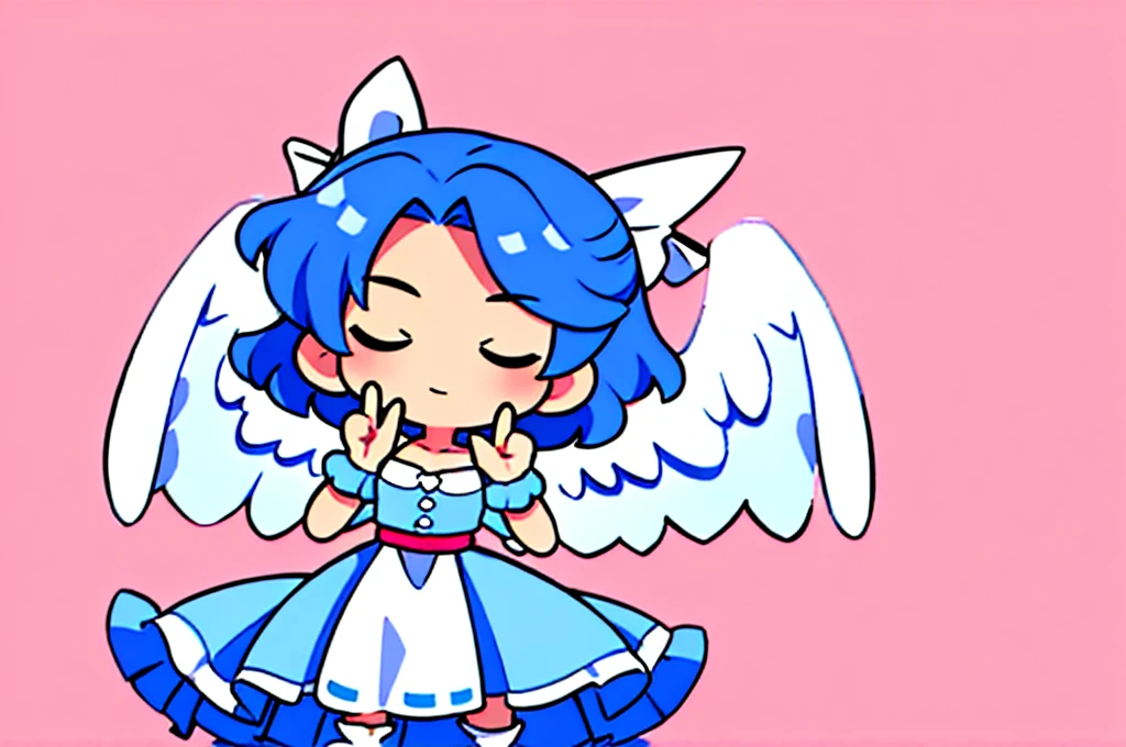 masterpiece, best quality, 1girl, , , 10 years old, medium blue hair, hair flaps, pink ribbon on head, well-formed face, blue eyes, angel girl, white blouse, puffy short sleeves, red ribbon, angel wings, long white skirt, red shoes, frills, ribbon head, from behind, to lift up one’s skirt, cowboy shot, from front, standing , raise one leg, crossed arms, arms up behind, arms behind back, hand between legs, put hands hip, one hand on hip, forward hands, arms raised in the air, punch hands, peace sign, waving, put up index finger, sit, lie down, closed eyes, lie face down, looking back, put one hand chest, leaning forward, cleavage, close up, horizontally outstretched arms, horizontally outstretched legs, front view, front face
