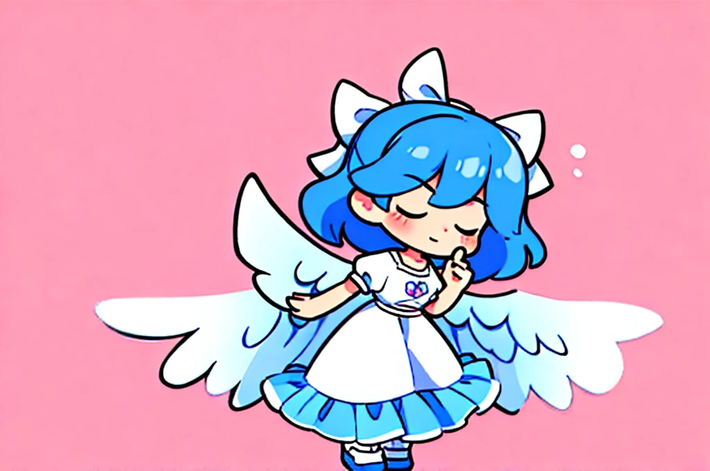 masterpiece, best quality, 1girl, , , , medium blue hair, hair flaps, pink ribbon on head, well-formed face, blue eyes, angel girl, white blouse, puffy short sleeves, red ribbon, angel wings, long white skirt, red shoes, frills, ribbon head, from behind, to lift up one’s skirt, cowboy shot, from front, standing , raise one leg, crossed arms, arms up behind, arms behind back, hand between legs, put hands hip, one hand on hip, forward hands, arms raised in the air, punch hands, peace sign, waving, put up index finger, sit, lie down, closed eyes, lie face down, looking back, put one hand chest, leaning forward, cleavage, close up, horizontally outstretched arms, horizontally outstretched legs, front view, front face