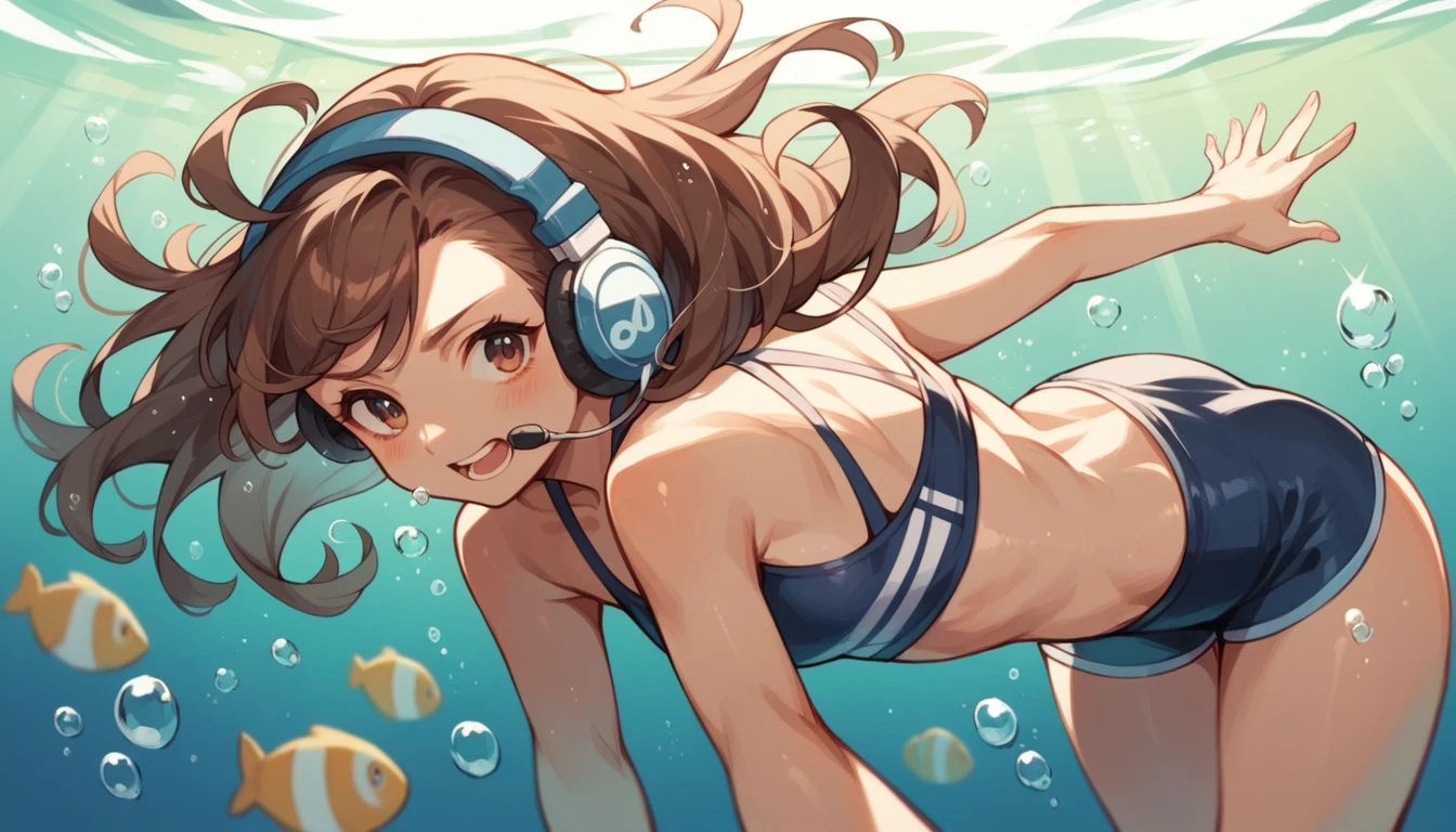 Girl wearing headphones,Brown Hair,One girl,Sparkling underwater,Swimwear with less exposure