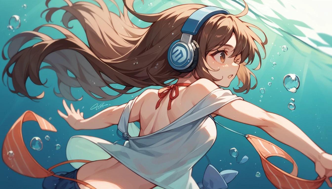 Girl wearing headphones,Brown Hair,One girl,Sparkling underwater,Swimwear with less exposure