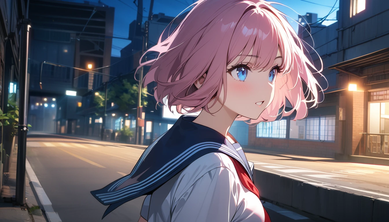 (1 girl),(Fit Body:1.1),(glistening skin:1.1),(pale skin:1.1),(Best Picture Quality, 8K, Masterpiece:1.3),(high school student:1.5), (pink medium hair), (bob cut), (slant skyblue eyes), (looking ahead:1.3), ((from side:1.3)),(city alley Setting), Professional Lighting, Very Detailed Skin And Hair, (running:1.3), (serafuku:1.3), beguiling expression, (super clear:1.5),